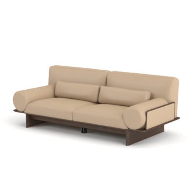 Cowhide sofa on ash wood platform base three-seater with armrests 216x100x82cm champagne sand cowhide walnut ash
