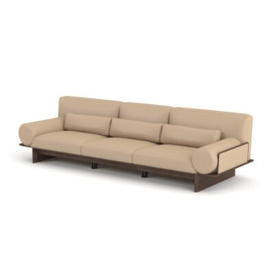 Cowhide sofa on ash wood platform base four-seater with armrests 293x100x82cm champagne sand leather ash wood plinth