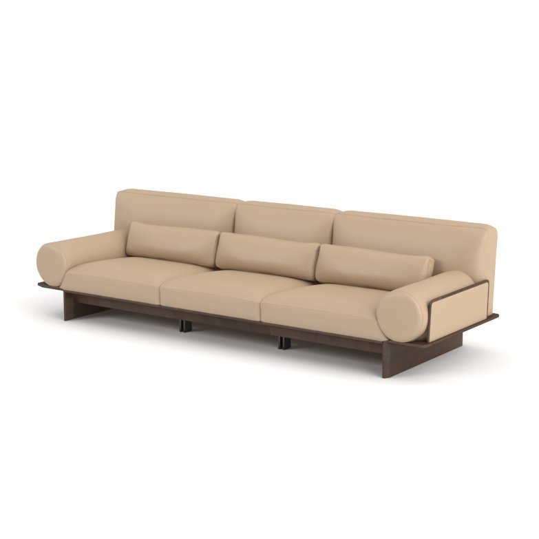 Cowhide sofa on ash wood platform base four-seater with armrests 293x100x82cm champagne sand leather ash wood plinth
