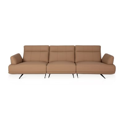 leather sofa with ottoman warm taupe cowhide splayed metal legs ash wood panel full view