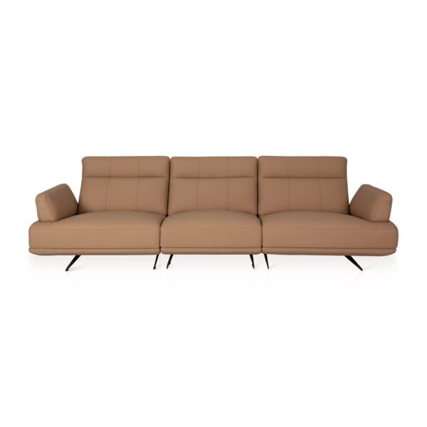 leather sofa with ottoman warm taupe cowhide splayed metal legs ash wood panel full view