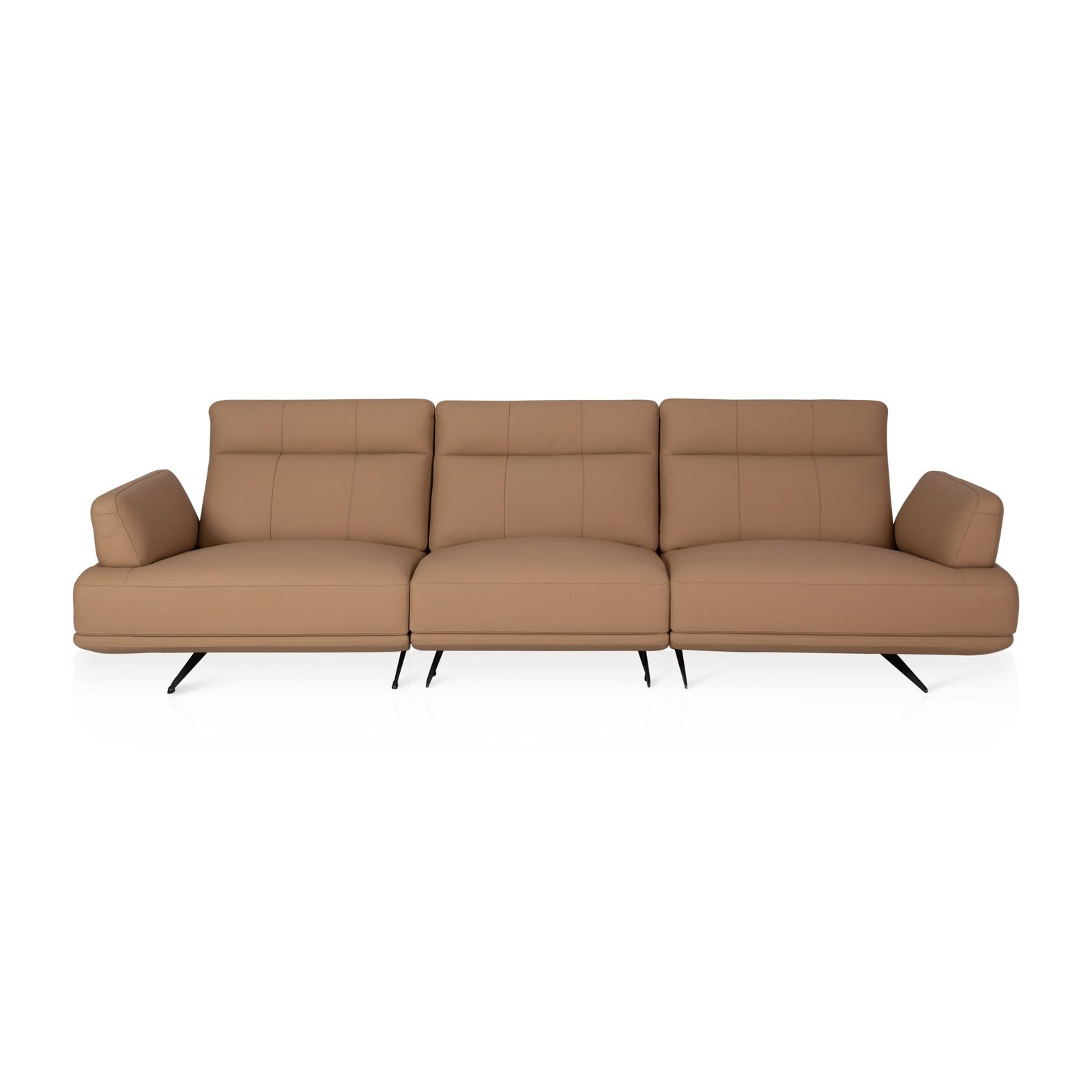 leather sofa with ottoman warm taupe cowhide splayed metal legs ash wood panel full view