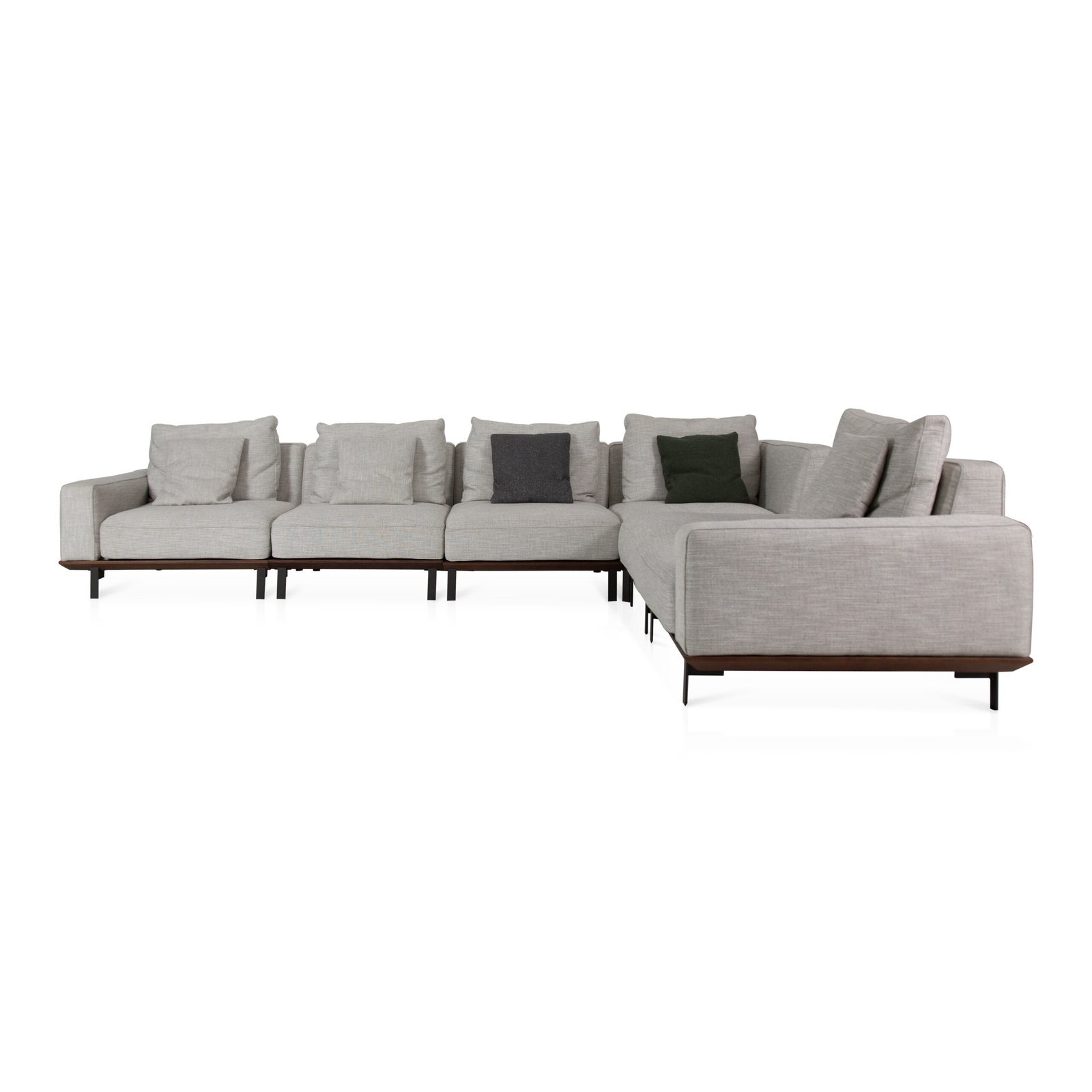 modular sectional sofa oatmeal cotton linen scene view ash wood platform black metal legs