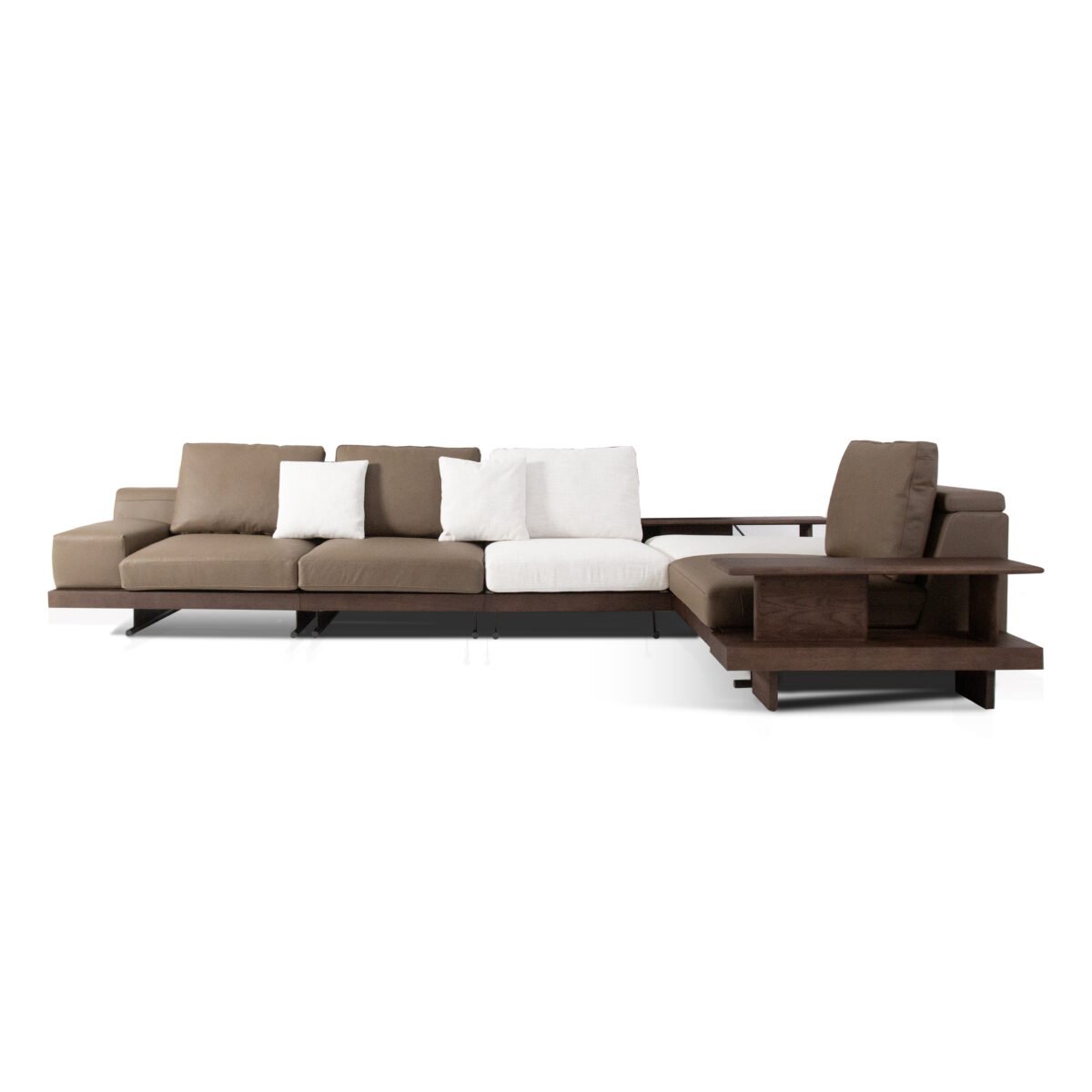 Modular sofa with integrated ash wood shelf armrest alternate white background configuration mixed upholstery