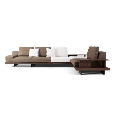 Modular sofa with integrated ash wood shelf armrest alternate white background configuration mixed upholstery