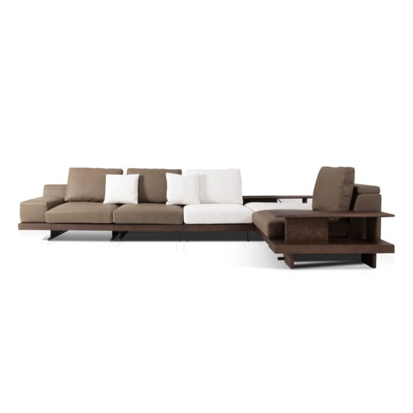 Modular sofa with integrated ash wood shelf armrest alternate white background configuration mixed upholstery