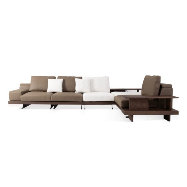 Modular sofa with integrated ash wood shelf armrest primary white background full set mixed leather linen