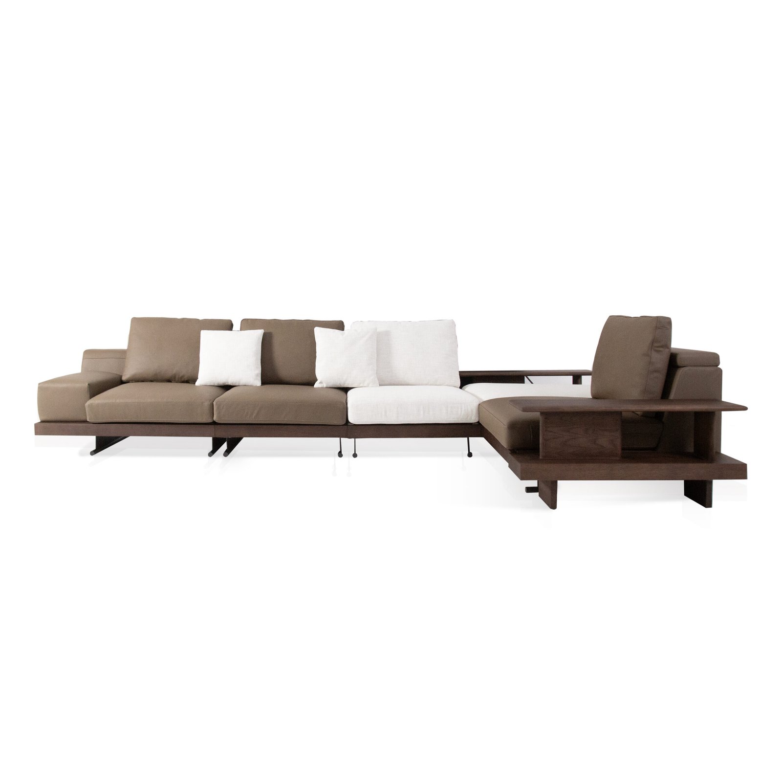 Modular sofa with integrated ash wood shelf armrest primary white background full set mixed leather linen