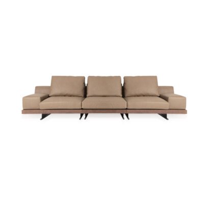 Modular sofa with integrated ash wood shelf armrest four-seater with armrests mocha taupe leather walnut ash wood