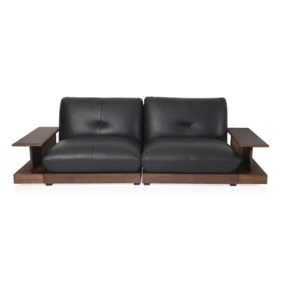 Armless modular sofa with coffee table lifestyle view 3 top grain cowhide ash wood hospitality