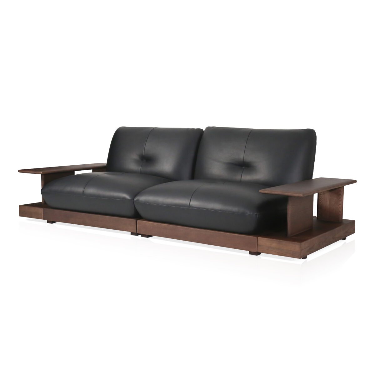 Armless modular sofa with coffee table lifestyle view 4 cowhide leather ash wood frame detail