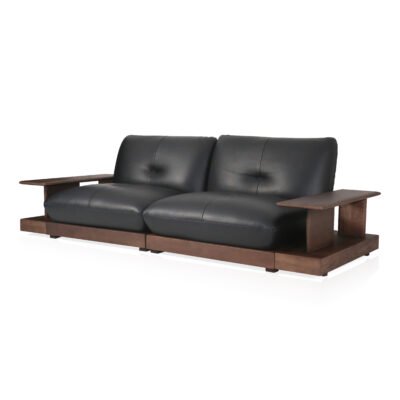 Armless modular sofa with coffee table lifestyle view 4 cowhide leather ash wood frame detail