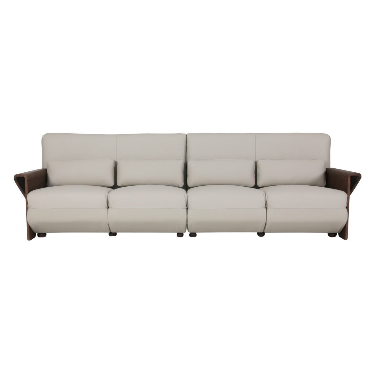 Cowhide sofa with sculptural ash wood armrests real product lifestyle view 1 premium residential lounge