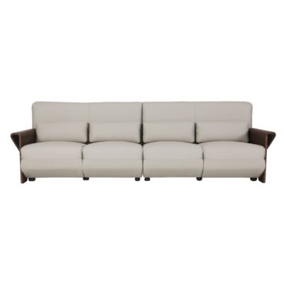 Cowhide sofa with sculptural ash wood armrests real product lifestyle view 1 premium residential lounge