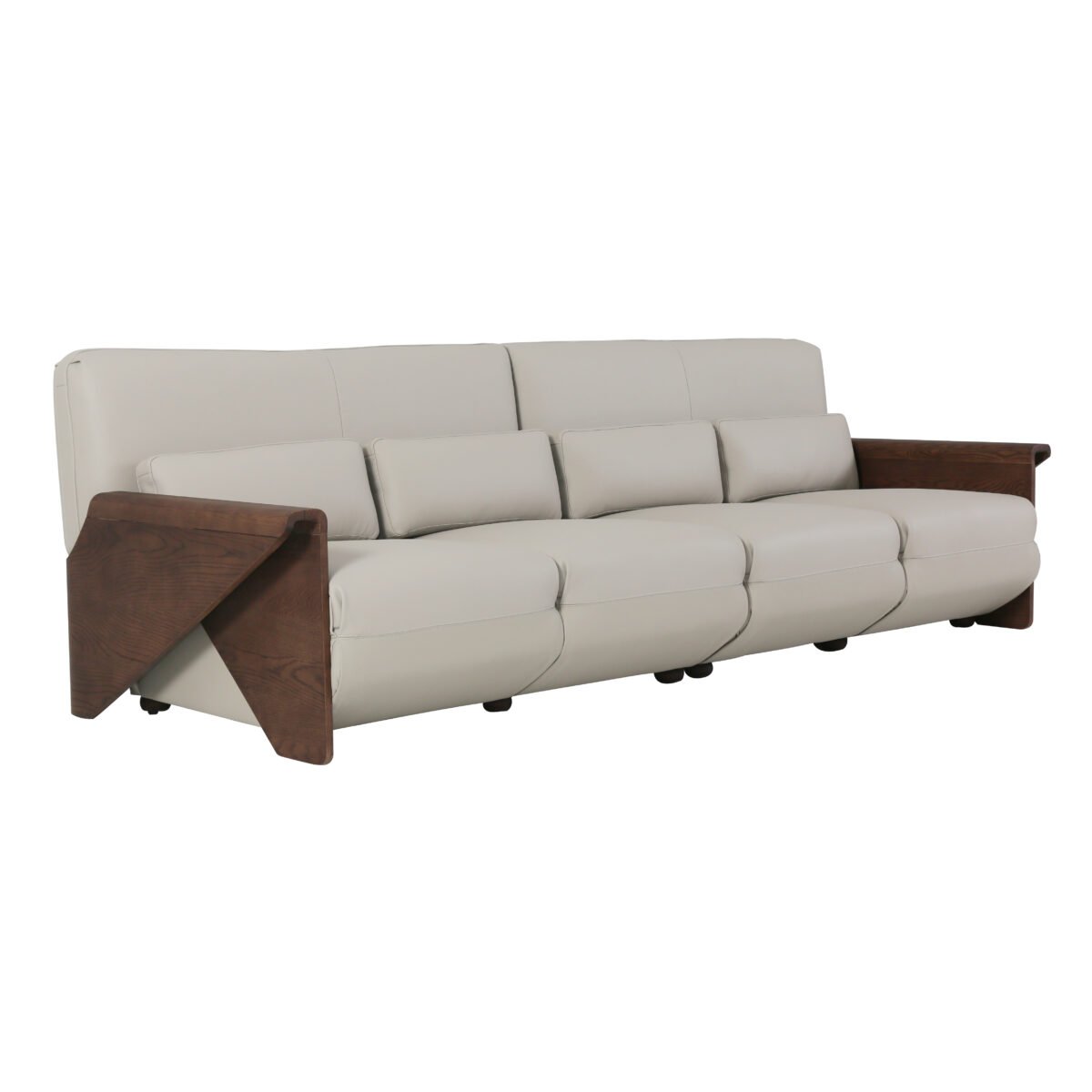 Cowhide sofa with sculptural ash wood armrests real product lifestyle view 2 furnished interior setting