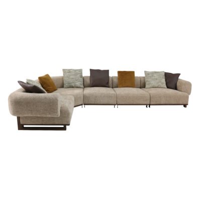 Cowhide and linen modular sofa real product photo premium residential setting lifestyle view 1