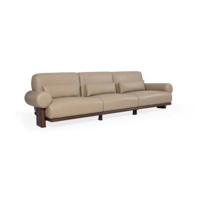 Contemporary ash wood sofa 3-seater in sandy beige top grain cowhide, modular contract seating