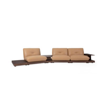 Armless modular sofa with coffee table studio render view 1 ash wood cowhide contract seating system