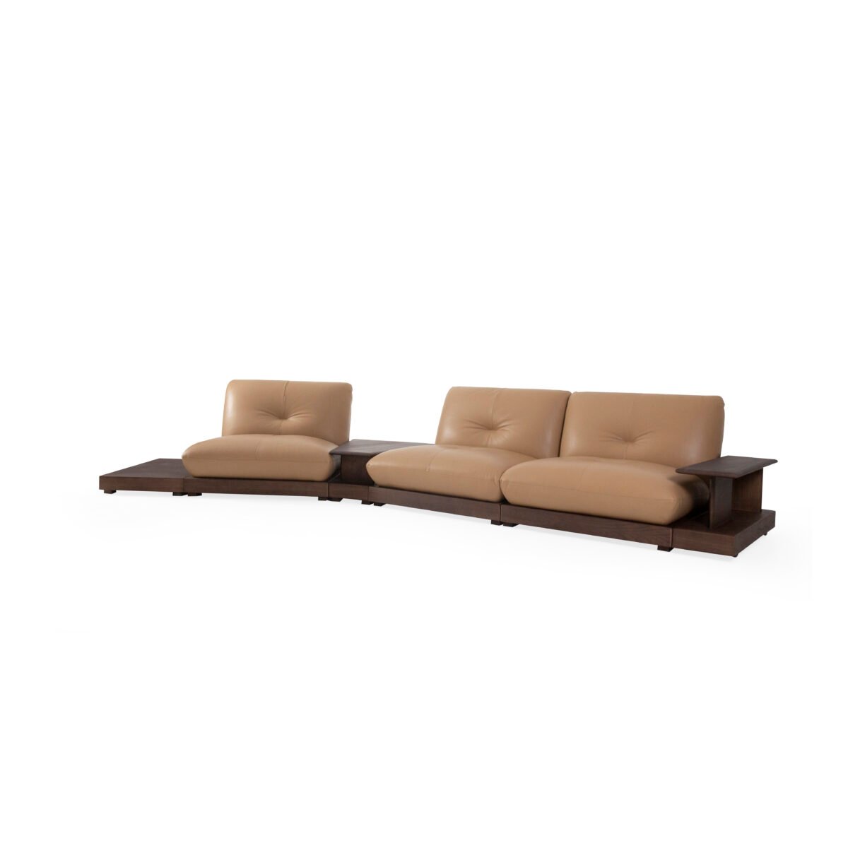 Armless modular sofa with coffee table studio render view 2 three quarter perspective ash wood cowhide