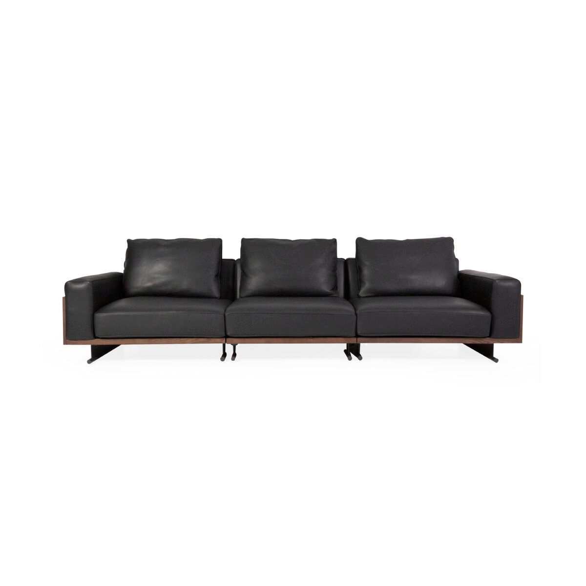 Ash wood panel sofa with sled base real product lifestyle photo view 1 cotton linen cowhide walnut panel