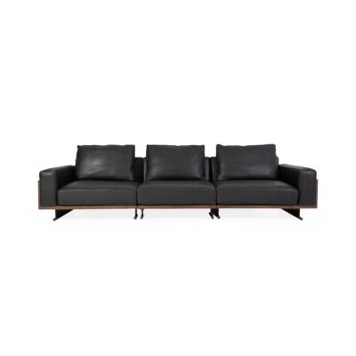 Ash wood panel sofa with sled base real product lifestyle photo view 1 cotton linen cowhide walnut panel
