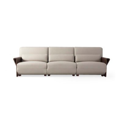 Cowhide sofa with sculptural ash wood armrests studio render view 1 front elevation pearl stone leather white background