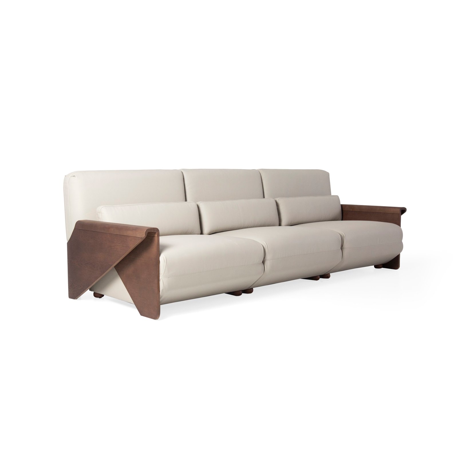 Cowhide sofa with sculptural ash wood armrests studio render view 2 three quarter angle pearl stone leather