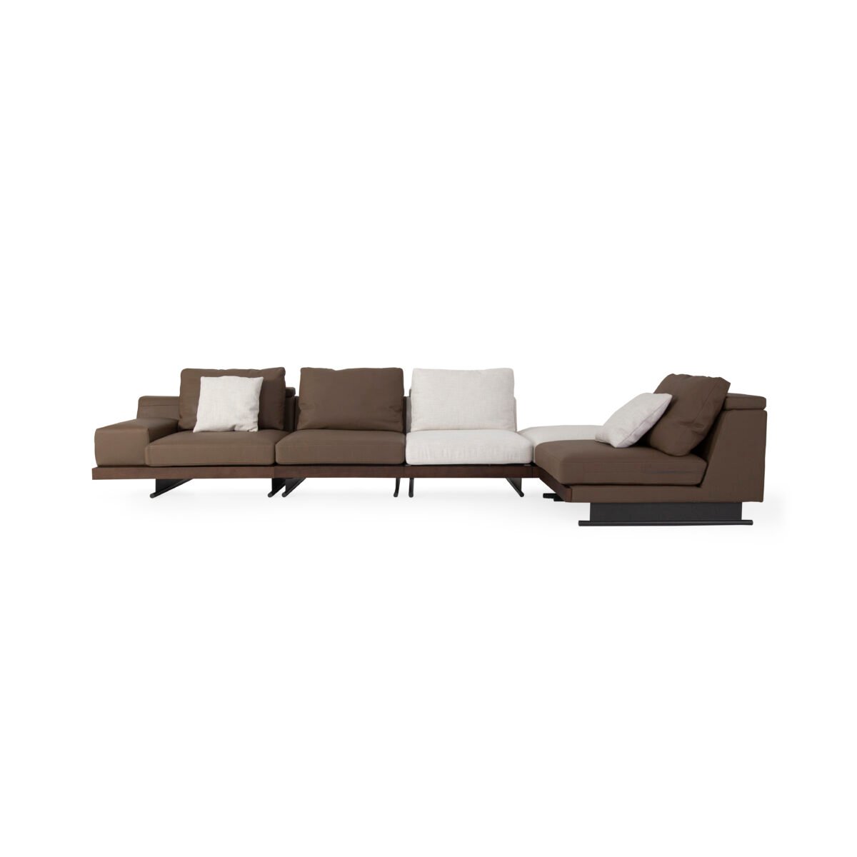 Modular sofa with integrated ash wood shelf armrest lifestyle studio view 1 mixed leather linen walnut ash