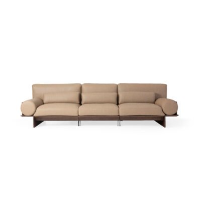 Cowhide sofa on ash wood platform base studio render lifestyle view 1 champagne sand cowhide ebony plinth roll armrests