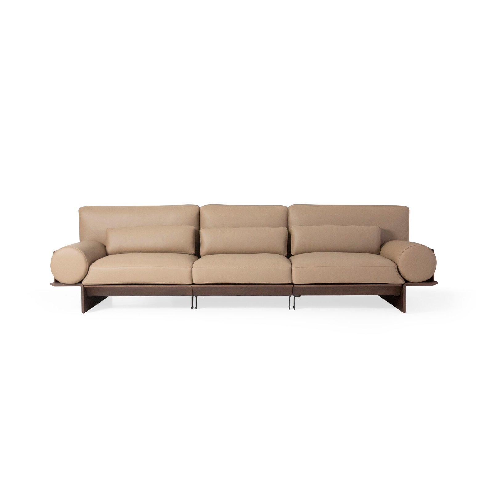 Cowhide sofa on ash wood platform base studio render lifestyle view 1 champagne sand cowhide ebony plinth roll armrests