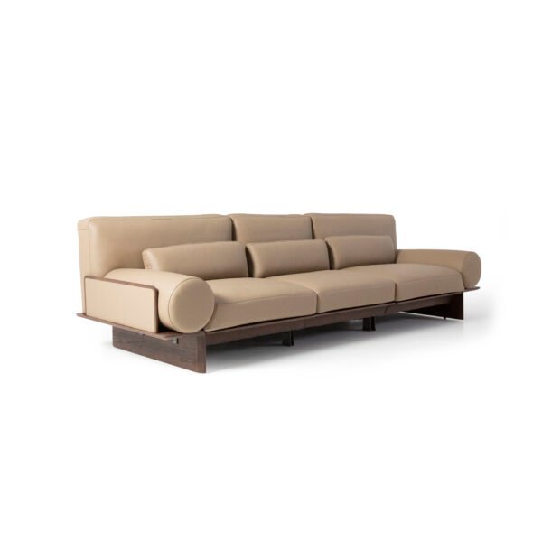 Cowhide sofa on ash wood platform base studio render lifestyle view 2 champagne sand leather ebony black plinth