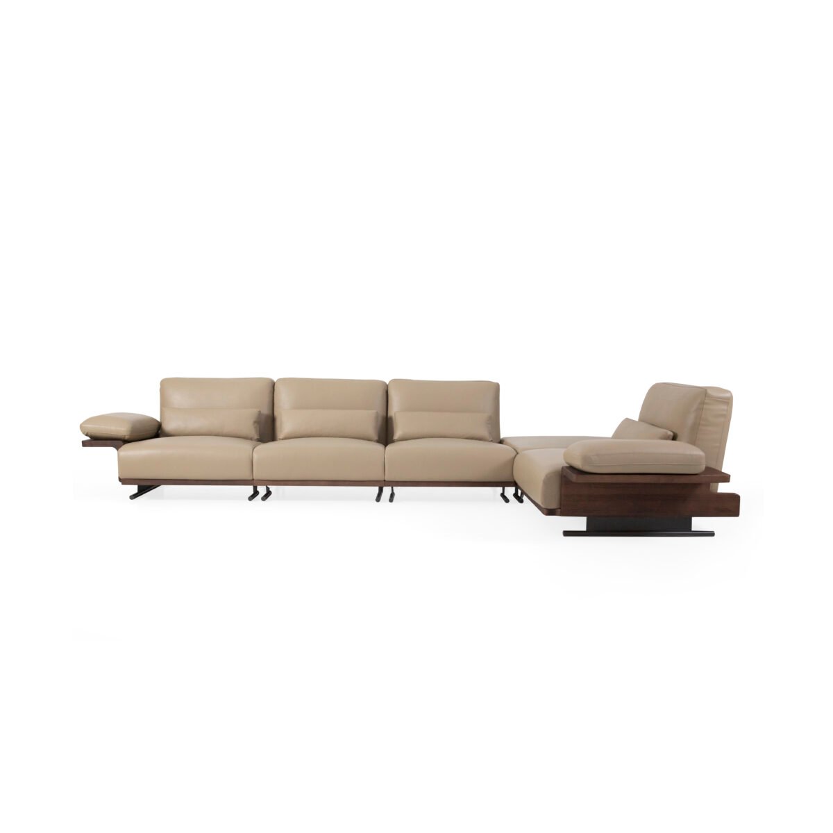 Five-seater deep seat modular sofa with square ottoman in slate grey cowhide leather full configuration view