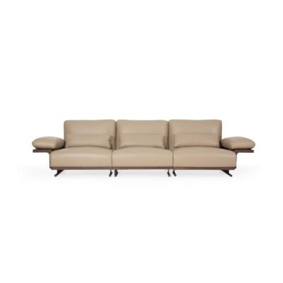 Deep seat modular sofa four-seater in slate grey top grain cowhide leather on smoked ash wood frame