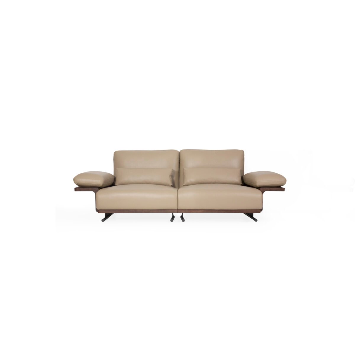 Deep seat modular sofa in sandy beige top grain cowhide with natural ash wood frame in luxury lounge setting