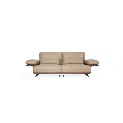 Deep seat modular sofa in sandy beige top grain cowhide with natural ash wood frame in luxury lounge setting