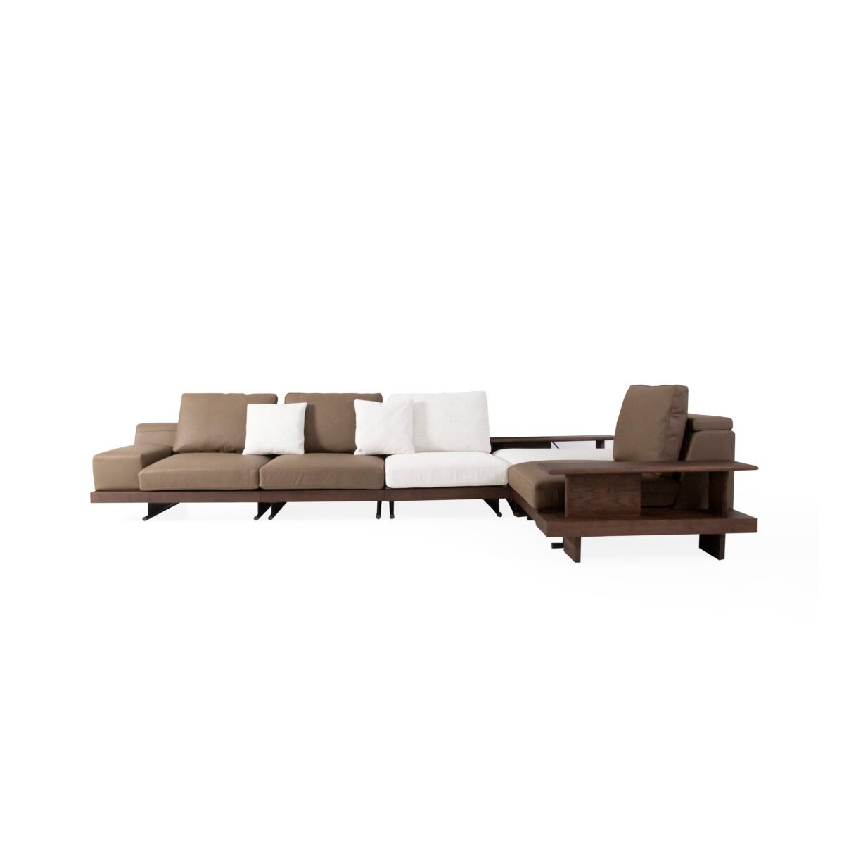 Modular sofa with integrated ash wood shelf armrest product render view 1 white background full set