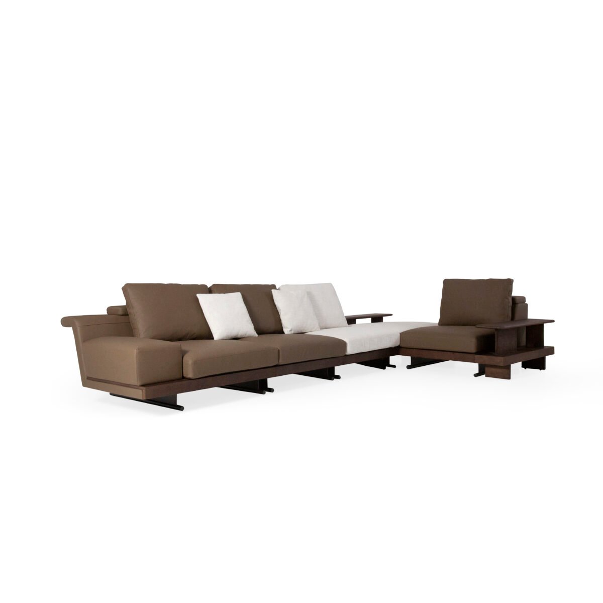 Modular sofa with integrated ash wood shelf armrest product render view 2 three quarter angle full set