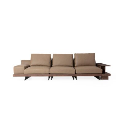 Modular sofa with integrated ash wood shelf armrest product render view 3 full composition leather linen