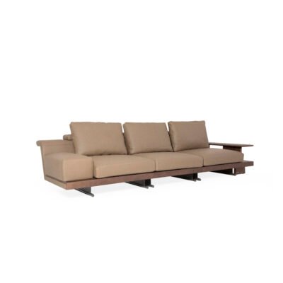 Modular sofa with integrated ash wood shelf armrest studio render view 4 mixed leather linen walnut ash wood
