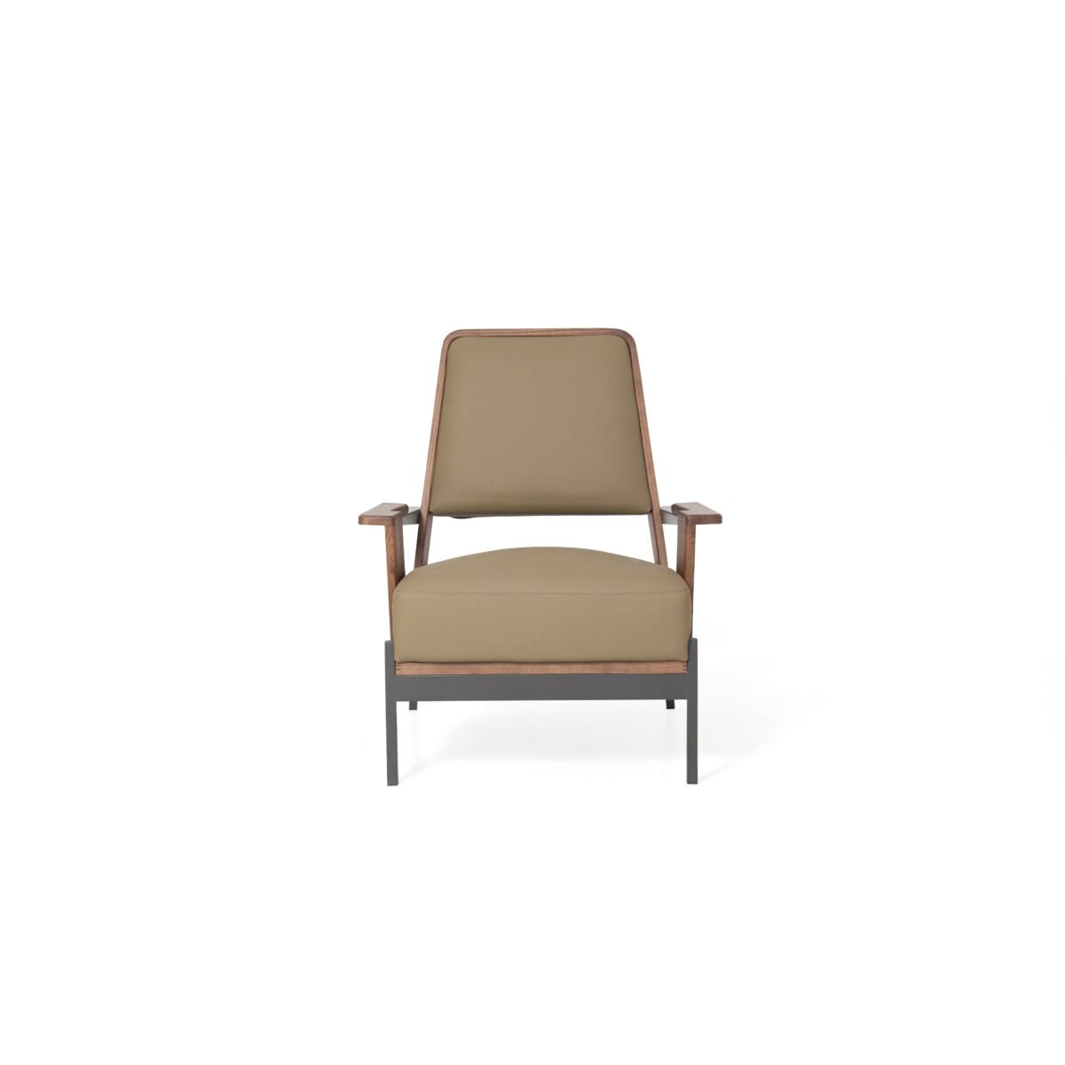 Cowhide leisure chair with ash wood frame studio render view 1 three quarter angle stone grey leather walnut ash titanium steel