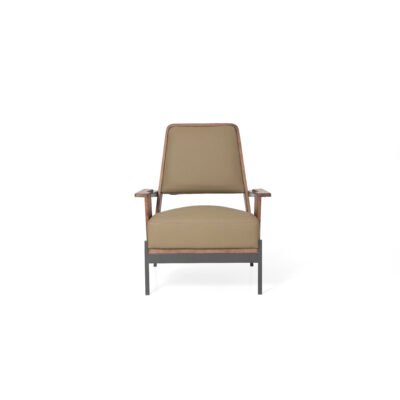 Cowhide Leisure Chair with Ash Wood Frame | Studio Render View 1 Three Quarter Angle Cowhide leisure chair with ash wood frame studio render view 1 three quarter angle stone grey leather walnut ash titanium steel