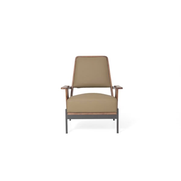 Cowhide leisure chair with ash wood frame studio render view 1 three quarter angle stone grey leather walnut ash titanium steel
