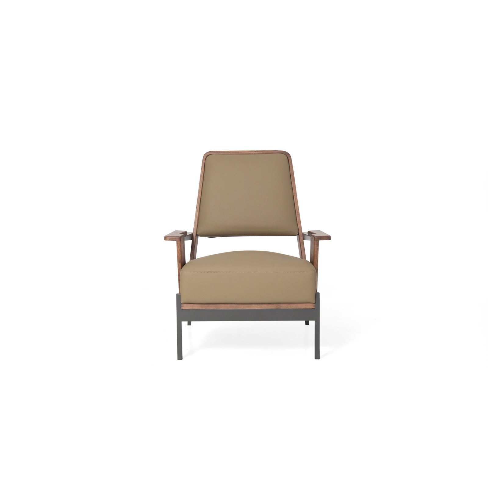 Cowhide leisure chair with ash wood frame studio render view 1 three quarter angle stone grey leather walnut ash titanium steel