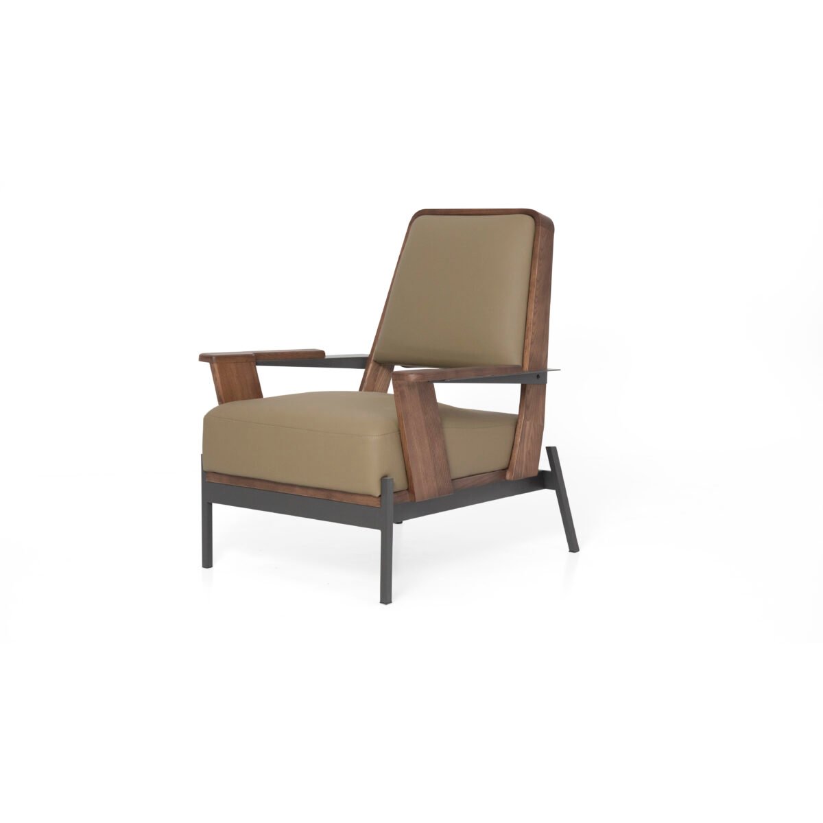 Cowhide leisure chair with ash wood frame studio render view 2 side profile stone grey cowhide walnut ash wood titanium steel
