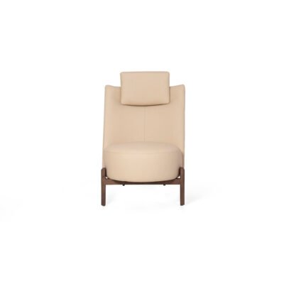 High-Back Cowhide Lounge Chair with Headrest | Studio Render View 1 Three Quarter Angle High-back cowhide lounge chair with headrest studio render view 1 sandy beige leather deep mocha ash wood base