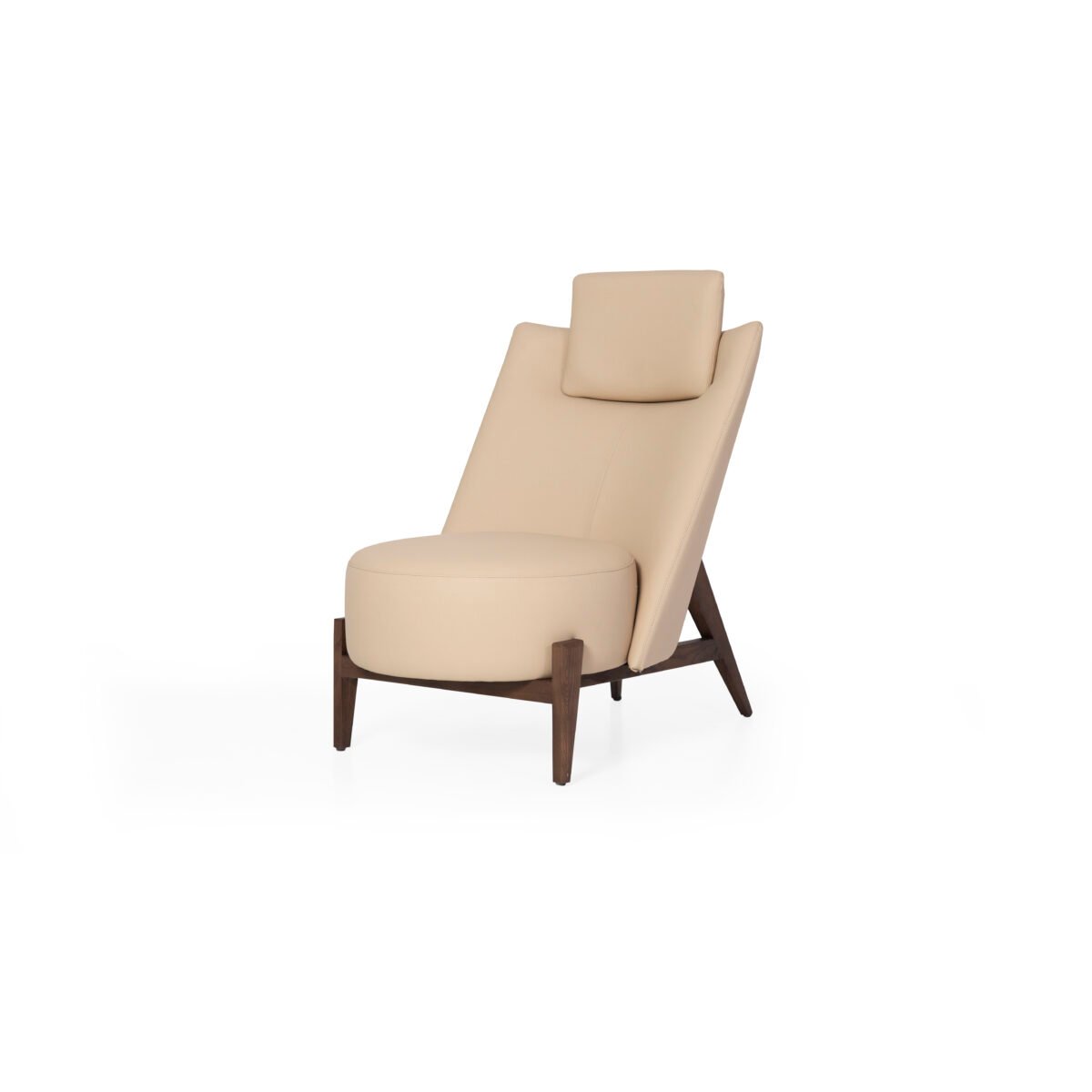 High-back cowhide lounge chair with headrest studio render view 2 side profile sandy beige leather ash wood base