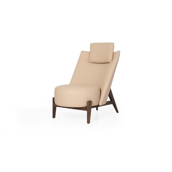 High-back cowhide lounge chair with headrest studio render view 2 side profile sandy beige leather ash wood base