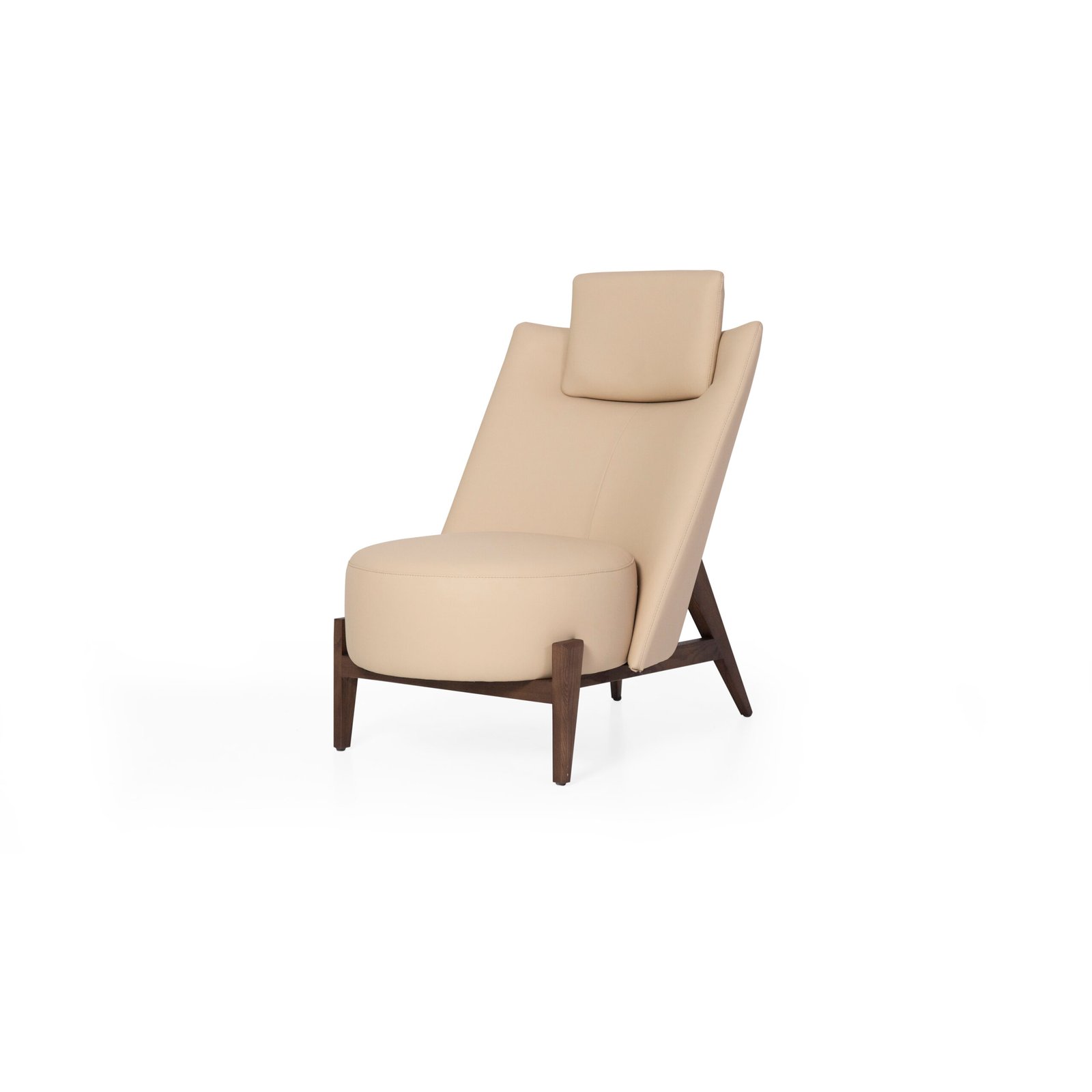 High-back cowhide lounge chair with headrest studio render view 2 side profile sandy beige leather ash wood base
