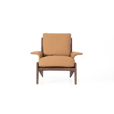 leather chair with wood arms camel cowhide ash wood A-frame front angled view