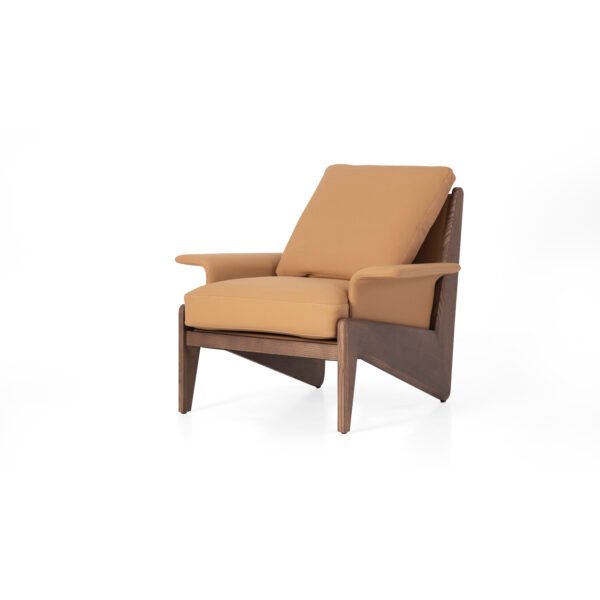 leather chair with wood arms camel cowhide ash wood A-frame side profile view